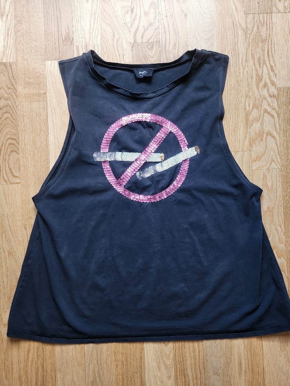 VINTAGE Nasty Gal Black Muscle Tank with Pink & Silver Sequin No-Smoking Graphic